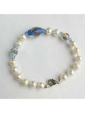 White Freshwater Pearl Bracelet with Murano Flower Bead